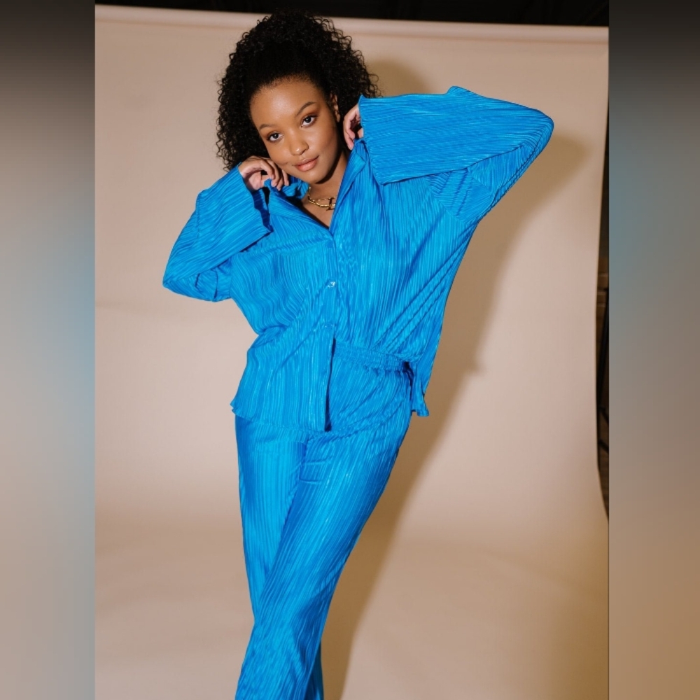 Dressed in LALA Long Sleeve Pilessè Set in Electric Blue
